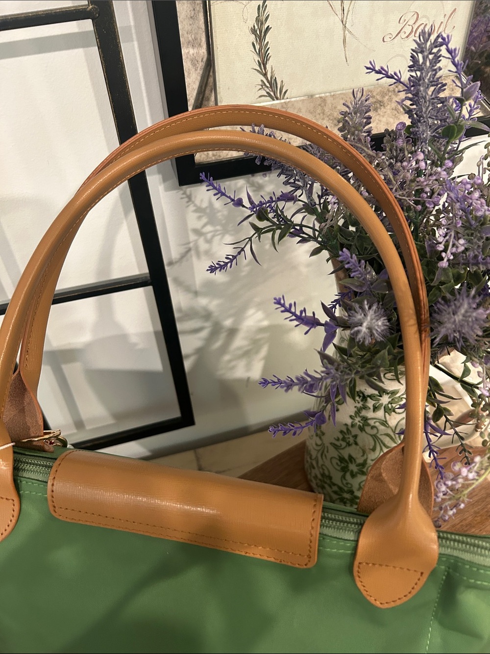 Green Nylon Tote with Tan Trim by Longchamp - Picture 6 of 7